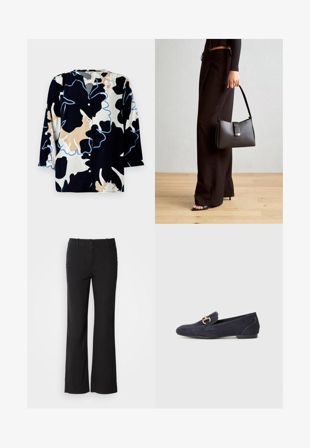 Virágmintás blúz sötét tengerészkék alappal, bézs és világoskék díszítéssel, gombos elülső résszel és háromnegyedes ujjakkal.; Fekete pamut keverék nadrág egyenes szárú dizájnnal, elülső gombos záródással és két oldalsó zsebbel. Simára kialakított textúra, nincs látható minta.; Sötétkék velúr mokaszin, lekerekített orral, díszített fém lánc akcentussal és alacsony sarokkal, kontrasztos varrási részletekkel.; Fekete kézi táska strukturált formával, sima textúrával és fémből készült záródással. Széles fekete nadrággal és nyitott orrú szandállal párosítva, fából készült padlón.