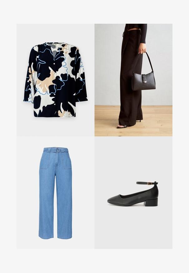 Gėlių rašto bluzonė tamsiai mėlynu pagrindu, su kreminės ir šviesiai mėlynos akcentais, sagų priekyje ir trimis ketvirtadaliais rankovėmis.; Šviesiai mėlynos džinsinio audinio plačios kojinės kelnės su diržu, dviem priekinėmis kišenėmis ir lygiu paviršiumi. Pasižymi minimalistiniu dizainu ir švariomis linijomis.; Juodas odinis aukštakulnis batelis su smailiu pirštu ir žemu bloku. Su kulkšnies dirželiu su auksinės spalvos sagtimi. Lygus paviršius.; Juodas rankinė struktūrizuota forma, lygi tekstūra ir metalinis užsegimas. Suporuota su plačiomis juodomis kelnėmis ir atvirais bateliais ant medinių grindų.