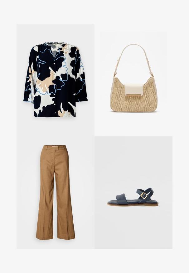 Kukkakuvioinen paita, jossa on tumman laivastonsininen pohja, hieman beigeä ja vaaleansinistä korostusta, napitus edessä ja kolmanneksen mittaiset hihat.; Ruskeat leveät housut, jotka on valmistettu kevyestä kankaasta. Ominaisuuksiin kuuluvat tasainen etuosa, vyölenkit sekä muotonsa mukauttava siluetti, jossa on nilkkapituinen leikkaus.; Sandaalit tummansinisestä nahasta, jossa on leveä etuolka ja ristiin menevät takavanteet, kultabucklet korostuksena ja litteä ruskea pohja.; Beige laukku, jossa on kudottu tekstuurinen runko, sileä kerma flappi ja lyhyt hihna. Kultaiset yksityiskohdat lisäävät tyyliin yksityiskohtia.