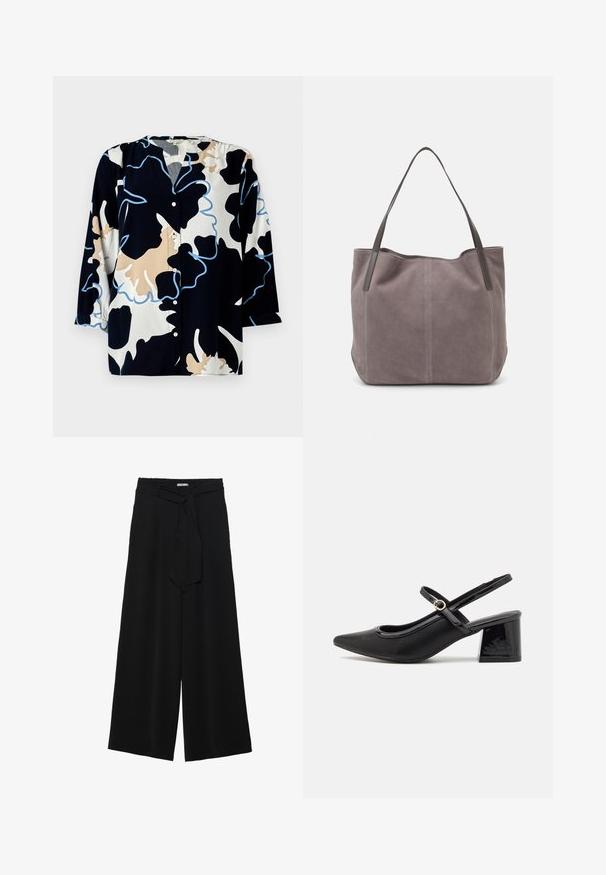 Blusa con motivo floreale su base blu scuro, con accenti beige e azzurri chiari, apertura con bottoni e maniche a tre quarti.; Pantaloni neri a gamba larga caratterizzati da un tessuto testurizzato, una vita elastica e una cintura staccabile per una vestibilità regolabile.; Décolleté in vernice nera con cinturino dietro, punta affusolata, design con ritagli arrotondati e tacco a blocco. Presenta un accento di fibbia tono oro.; Borsa a tracolla in suede grigio con due manici in pelle scura. Presenta dettagli cuciti sui lati, una texture morbida e un'apertura spaziosa.; Quattro anelli in argento con disegni diversi: banda attorcigliata, curve sovrapposte, cristalli delicati e una banda liscia con piccoli dettagli.