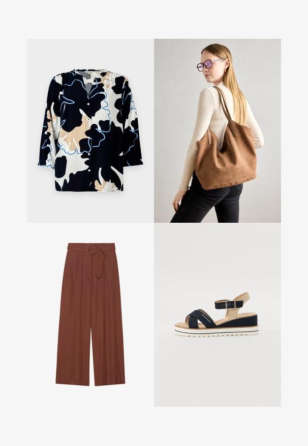 Ziedu raksts blūzē ar tumši zilu pamatu, ar bēša un gaiši zila akcentiem, pogu priekšpusi un trīs ceturtdaļas piedurknēm.; Platas kājas bikses brūnā audumā, ar jostu ar kvadrāta sprādzi, plišu dizainu un gludu tekstūru.; Tumši zili zābaki ar divām auduma siksnām, regulējamu potītes siksnu un teksturētu bēša aizmuguri. Bieza, balta, izgriezta zole. Zīmola nosaukums uz siksnas.; Burgundijas zamšs tote soma ar mīkstu tekstūru, plašu atveri un garām siksnām. Iezīmē vienkāršu dizainu ar redzamām šuvēm un bez aparatūras.