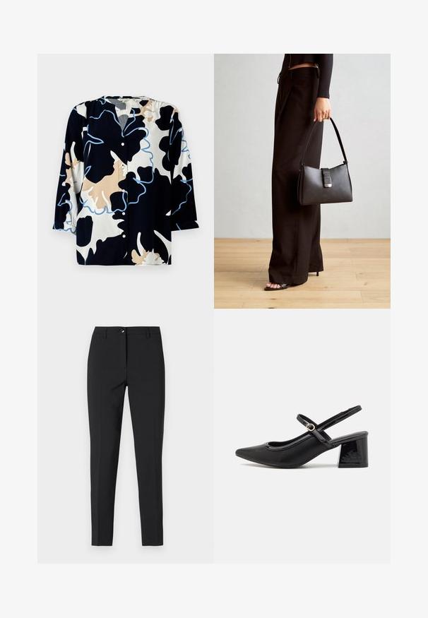 Bluse med blomstermønster i mørk navy, med beige og lyseblå accenter, knapfront og 3/4 ærmer.; Sorte figursyede bukser i glat stof med en klassisk talje, lynlås i fronten og sidelommer samt et elegant, skræddersyet design.; Sorte patentlæder slingback hæle med spids tå, rund udskæring og blokhæl. Har en guldtonet spændeaccents.; Sort håndtaske med struktureret form, glat overflade og metalspænde. Sammen med brede sorte bukser og sandaler med åben tå på trægulv.
