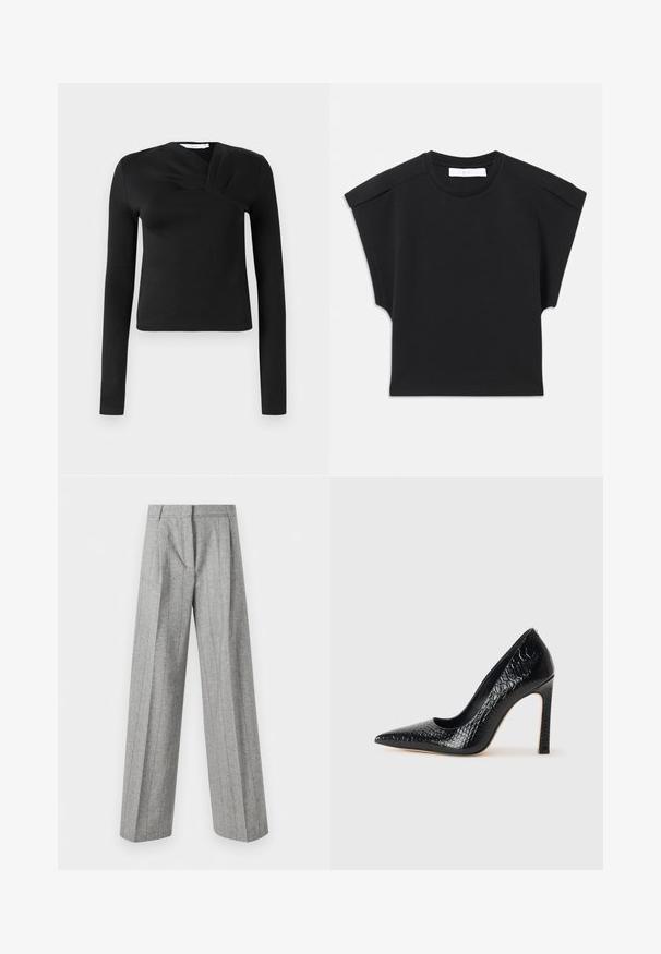 Svart langermet topp med omslagsdesign, laget av glatt stoff. Har en kort lengde og en V-formet halslinje. Ingen mønstre eller detaljer.; Svart t-skjorte med kort arm og rund hals, med skulderdetaljer, liggende flatt på en hvit bakgrunn.; Høytlivte grå bukser med vertikale striper og brede rette ben, vist mot en hvit bakgrunn.; Sorte spiss-tå høye hæler med krokodilleskinn tekstur, har et elegant design, høy stiletthæl og glatt svart interiør.