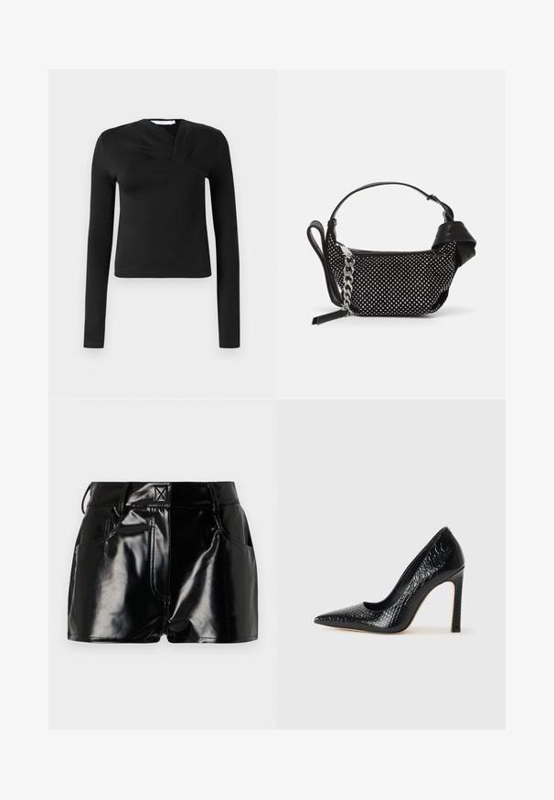 Black long-sleeve top with a wrap design, made of smooth fabric. Features a cropped length and a V-shaped neckline. No patterns or accents.; Black, glossy shorts made of synthetic material. Features a fitted waist, belt loops, and front pockets with prominent stitching details.; Black pointed-toe high heel shoe with a crocodile-skin texture, featuring a sleek design, high stiletto heel, and smooth black interior.; Black handbag featuring studded embellishments, a chain strap, and a smooth leather handle, with a rounded shape and zipped compartment.