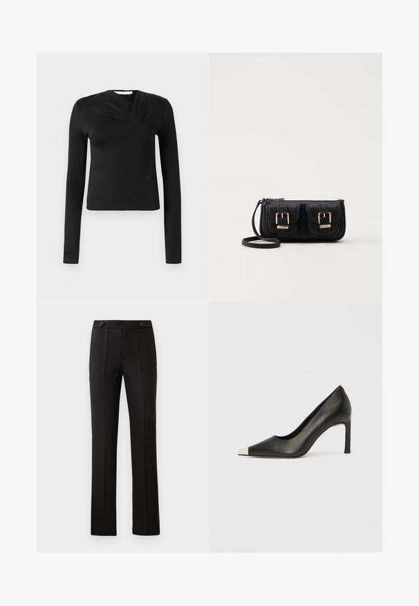 Juodas ilgas rankovės palaidinė su susegimo dizainu, pagaminta iš lygaus audinio. Yra trumpesnio ilgio ir V formos iškirptė. Be raštų ar akcentų.; Juodos pritaikytos kelnės su tiesiomis kojomis, dviem priekinėmis kišenėmis, mygtuko uždarymu ir raukšlėmis priekyje. Glotnaus audinio tekstūra.; Juodas odinis aukštakulnis batelis su smailia nosimi ir metaliniu sidabriniu galiuku. Turi lygų paviršių ir ploną 10 cm kulną.; Juodas odinis per petį nešiojamas krepšys su dviem priekiniais kišenėmis, auksiniais sagtimis, užtrauktuko uždarymu ir siauromis petnešomis. Textūruota paviršius ir kompaktiškas stačiakampis formatas.