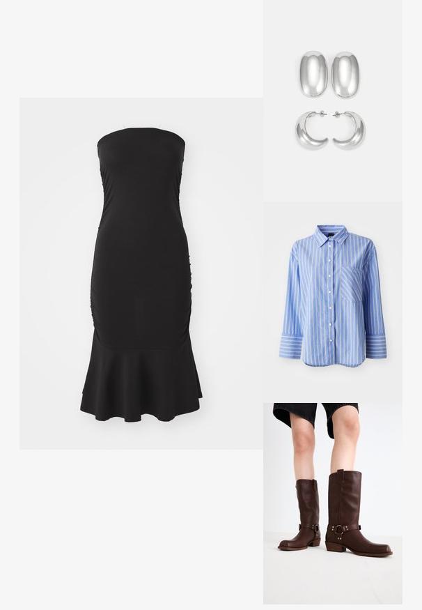 Modrá pruhovaná košela s dlhým rukávom a golierom na gombíky, s bielymi a žltými pruhmi a náprsní kapsou. Mäkká látka s voľným strihom.; Čierne bezramienkové šaty vyrobené z elastického materiálu, s naťahovaním po stranách a rozšíreným lemom. Hladký povrch s priliehavým strihom.; Hnedé kožené vysoké čižmy s okrúhlou špičkou, štruktúrovaným povrchom, opaskom okolo členka a detailmi zo strieborného kovu; s vysokým podpätkom.; Súprava strieborných náušníc: dva oválne pecky a dva polkruhové kruhy, s lesklým, hladkým povrchom a zaobleným tvarom.