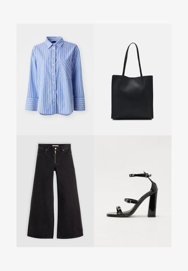 Blue striped long-sleeve shirt with a button-down collar, featuring white and yellow stripes and a chest pocket. Soft fabric with a relaxed fit.; Wide-leg jeans in black denim with a zippered front, five-pocket design, and subtle stitching details. Smooth texture and casual style.; Black patent heeled sandals with a square toe, ankle straps, and silver buckles. Features a chunky block heel for stability.; Black leather tote bag with smooth texture, rectangular shape, and two long handles. No visible hardware or embellishments.