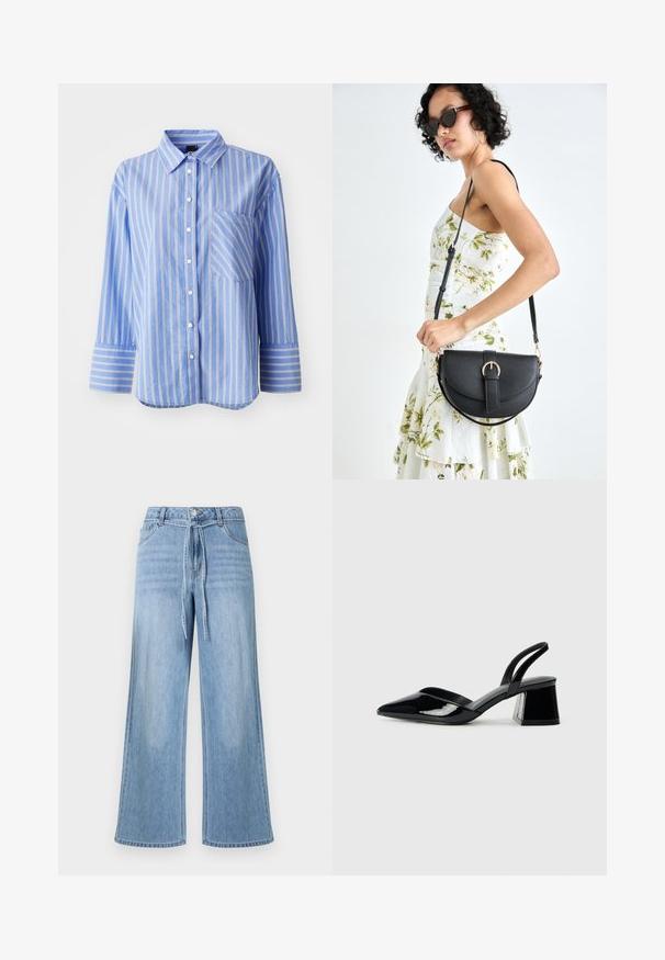 Mėlynos juostelės ilgos rankovės marškiniai su mygtukų apykakle, turintys baltas ir geltonas juosteles bei krūtinės kišenę. Minkšta medžiaga, su laisvu siluetu.; Šviesiai mėlyni plačios kojų „denim“ džinsai su pririšama juosmens juosta, priekinėmis kišenėmis ir klasikiniu penkių kišenių dizainu su subtiliu blukimu.; Juodos lakuotos odinės šlepetės su smailiu pirštu ir geometriniu bloko kulnu. Turi elegantišką, minimalistinį dizainą ir lygų paviršių.; Juodas odinis krepšys su išlenkta forma, nuimamu dirželiu ir auksiniais detalėmis. Krepšys turi kilpą su sagtimi.