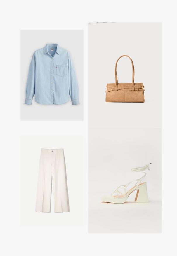 Világoskék farmering, hegyes gallérral, hosszú ujjakkal, gombos záródással, és egy mellzsebből álló kis logó címkével.; Tejbézs széles lábú nadrág, szabott kialakítással, két elülső zsebbel és egyetlen elülső gombos záródással, sima anyagból készült.; Fehér, magassarkú szandál vastag sarokkal, pántos dizájnnal és bokapánttal. Sima textúra, elülső platformmal a megnövelt magasság érdekében.; Barna nubuk bőr kézitáska, két hosszú fogantyúval, téglalap alakú, és díszítő varrással. Oldalszíja és diszkrét arany fém kiegészítők találhatók rajta.