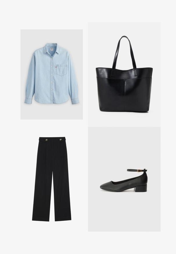 Camicia in denim azzurro chiaro con colletto a punta, maniche lunghe, chiusura con bottoni e taschino sul petto con un piccolo logo.; Pantaloni neri a gamba larga con vita alta, dettagli con bottoni in vita e pieghe frontali.; Pump in pelle nera con punta affusolata e tacco basso a blocco. Presenta una cinghia alla caviglia con una fibbia in tonalità oro. Texture liscia.; Borsa a tracolla in pelle nera con due manici lunghi, una texture liscia e una forma strutturata. Presenta una tasca frontale per ulteriore spazio di archiviazione.