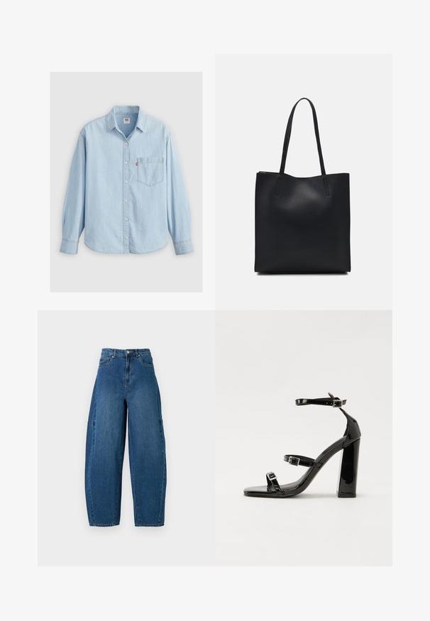 Camicia in denim azzurro chiaro con colletto a punta, maniche lunghe, chiusura con bottoni e taschino sul petto con un piccolo logo.; Jeans in denim con un lavaggio blu medio, caratterizzati da una vita alta, una gamba larga e un design a cinque tasche standard con dettagli di cucitura visibili.; Sandali con tacco in vernice nera, con punta squadrata, cinturini alla caviglia e fibbie in argento. Presentano un tacco a blocco spesso per maggiore stabilità.; Borsa tote in pelle nera con texture liscia, forma rettangolare e due manici lunghi. Nessun hardware o decorazione visibile.