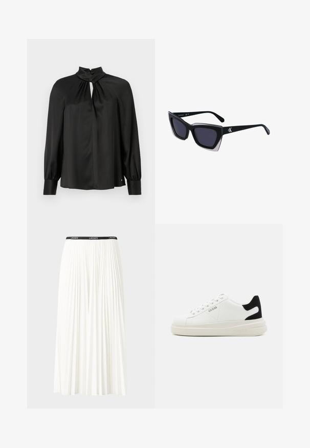Blusa negra hecha de una tela suave y ligera, con cuello alto, frente con abertura y mangas largas abullonadas con puños ajustados.; Falda blanca plisada con una cinturilla elástica negra que presenta el logotipo "LACOSTE". Diseño de longitud media con textura suave.; Zapatillas blancas de cuero con una suela blanca gruesa, acento en el talón de ante negro y logo grabado en el lateral. Diseño de cordones con seis ojales.; Gafas de sol negras de gran tamaño con una forma geométrica, que presentan lentes oscuros y un detalle gris contrastante en la montura. Logo en la pata.