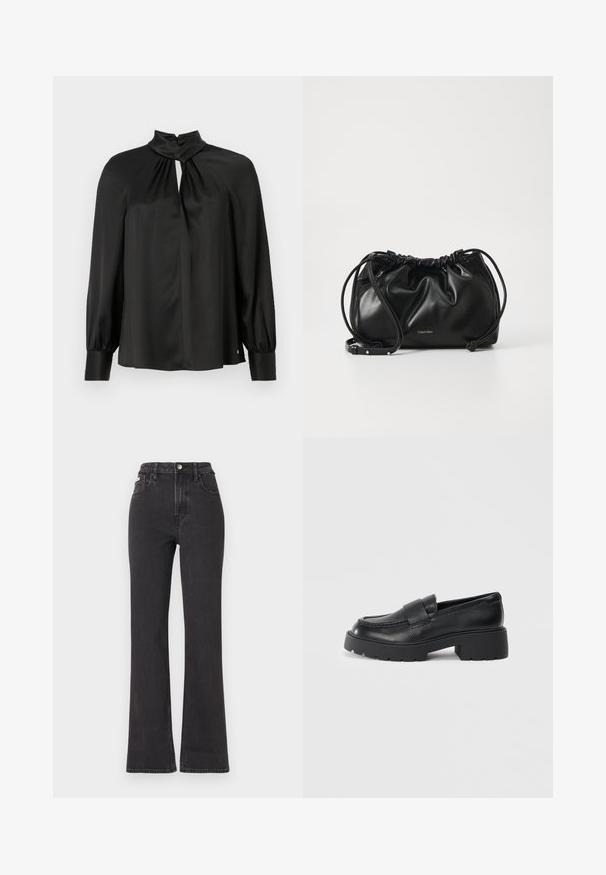 Blusa negra hecha de una tela suave y ligera, con cuello alto, frente con abertura y mangas largas abullonadas con puños ajustados.; Jeans de cintura alta negros en tejido de mezclilla, con cierre de botón, presillas para cinturón y bolsillos laterales. Textura suave con un desvanecimiento mínimo.; Mocasines de cuero negro con un acabado texturizado, que cuentan con una correa rectangular sobre el empeine y un diseño de suela gruesa y dentada.; Bolso de mano de cuero negro con diseño fruncido, cierre de doble cordón y correa de hombro desmontable. Presenta un detalle metálico del logo.
