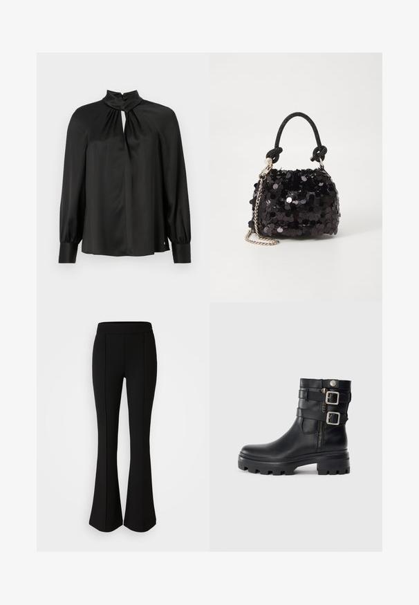 Blusa nera realizzata in tessuto liscio e leggero, con collo alto, scollatura a chiave e maniche lunghe a sbuffo con polsini aderenti.; Pantaloni neri a zampa d'elefante realizzati in un materiale elastico con una texture liscia, caratterizzati da dettagli delle cuciture lungo la parte anteriore per un tocco di design in più.; Stivale alla caviglia in pelle nera con doppi dettagli a fibbia, chiusura con zip, suola spessa e superficie liscia. Presenta un design robusto e alla moda.; Mini borsa a tracolla nera in paillettes con una tracolla texturizzata annodata e catena argentata. Forma rotonda con parte superiore arricciata e dettagli riflettenti.