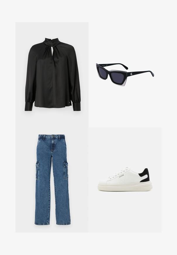 Blouse noire en tissu lisse et léger avec un col haut, un décolleté en trou de serrure à l'avant et de longues manches bouffantes avec des poignets ajustés.; Pantalons cargo en denim bleu avec une coupe décontractée, dotés de deux poches latérales, de coutures renforcées et d'une coupe droite.; Baskets en cuir blanc avec une épaisse semelle blanche, un accent en daim noir au niveau du talon et un logo embossé sur le côté. Design à lacets avec six œillets.; Lunettes de soleil noires surdimensionnées avec une forme géométrique, dotées de verres foncés et d'un détail gris contrastant sur la monture. Logo sur la branche.