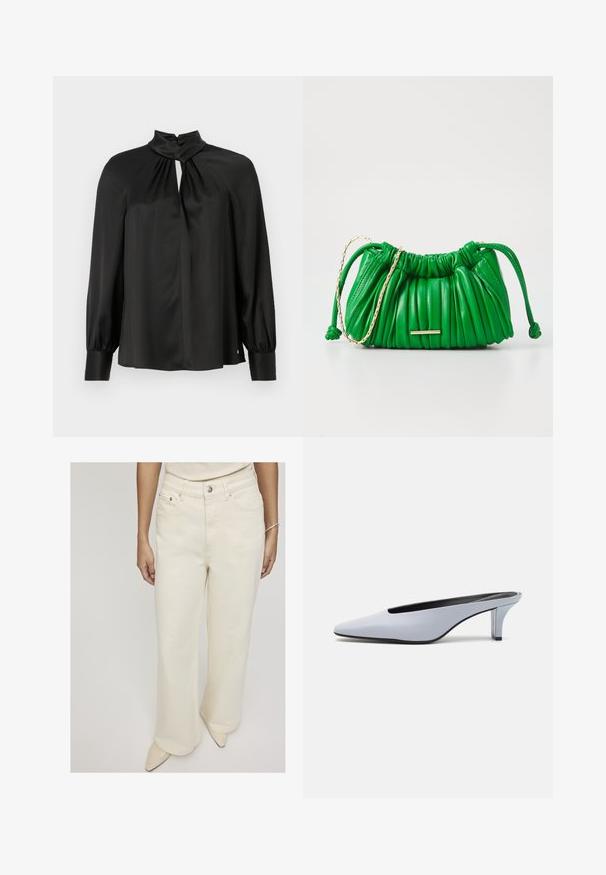Blouse noire en tissu lisse et léger avec un col haut, un décolleté en trou de serrure à l'avant et de longues manches bouffantes avec des poignets ajustés.; Jeans évasés de couleur crème en denim, dotés d'une taille haute, de poches avant et d'une fermeture à bouton unique pour un ajustement décontracté.; Mule en cuir verni bleu clair avec un orteil pointu, un petit talon transparent et un design épuré mettant en valeur une découpe au cou-de-pied.; Sac à main en cuir vert avec une texture froncée, détails en chaîne dorée et fermeture à cordon. Présente un accent de quincaillerie dorée minimaliste.