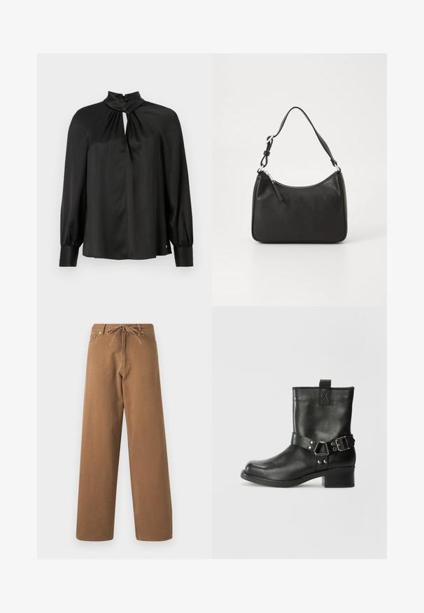 Blouse noire en tissu lisse et léger avec un col haut, un décolleté en trou de serrure à l'avant et de longues manches bouffantes avec des poignets ajustés.; Pantalons larges marron en coton, avec une taille à cordon de serrage et deux poches avant. Tissu texturé avec une finition lisse.; Samsøe Samsøe SABRENTA - Bottines de cowboy / motard - black; Sac à main en cuir noir avec une forme courbée, une seule sangle, fermeture éclair et un logo discret à l'avant. Texture lisse, design minimaliste.