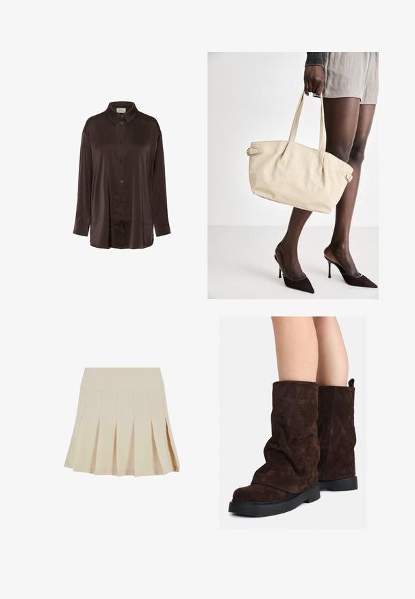 Camicia button-up in satin marrone con colletto classico, maniche lunghe e vestibilità ampia, caratterizzata da una texture liscia e un leggero lucido.; Gonna beige a pieghe con vita aderente, realizzata in un tessuto morbido. Presenta diverse pieghe verticali e un orlo dritto.; Stivali in suede marrone a metà polpaccio con suole in gomma nera indossati su gambe nude, mostrano lievi pieghe sulla parte superiore degli stivali.; Borsa a tracolla beige con una finitura in pelle liscia, forma strutturata, due manici e dettagli a scatto laterali. Abbinata a eleganti tacchi neri.; Fascia per capelli imbottita di colore crema con design intrecciato, abbinata a una camicia a righe beige e bianche con scollatura rotonda. Accenti di gioielli delicati.