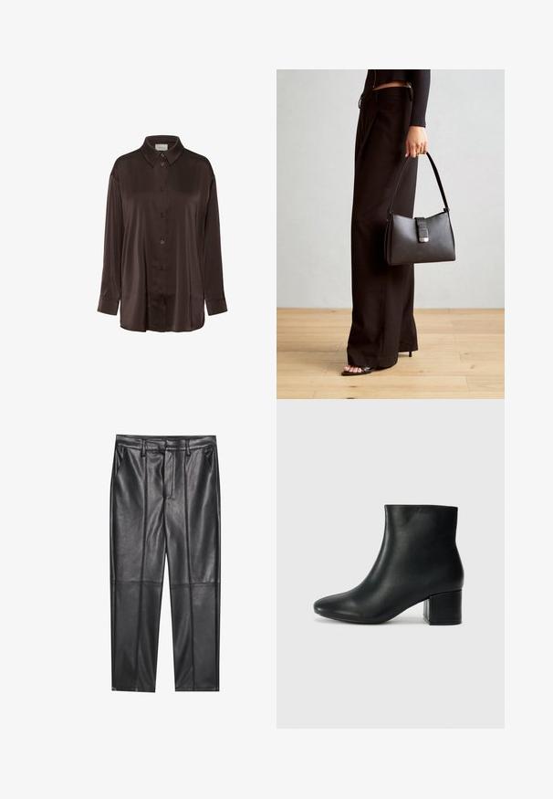 Camicia button-up in satin marrone con colletto classico, maniche lunghe e vestibilità ampia, caratterizzata da una texture liscia e un leggero lucido.; Pantaloni in pelle nera con una texture liscia, caratterizzati da un fit dritto, due tasche frontali e dettagli delle cuciture in evidenza.; Stivali neri in pelle fino alla caviglia con punta appuntita e tacco spesso. Texture liscia con minimi dettagli e un design elegante e aderente.; Borsa nera con forma strutturata, texture liscia e una chiusura metallica. Abbinata a pantaloni neri larghi e sandali open-toe su un pavimento in legno.