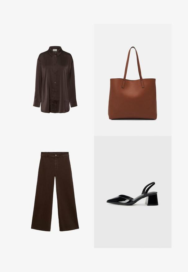 Hnedá saténová košeľa na gombíky s klasickým golierom, dlhými rukávmi a voľným strihom, s hladkou textúrou a jemným leskom.; Hnedé široké nohavice z bavlnenej zmesi, s roztrhnutým lemom, predným zapínaním na gombík a klasickým dizajnom s piatimi vreckami. Minimalistické a všestranné.; Čierne lakované kožené sandálové podpätky s špicatou špičkou a geometrickým blokovým podpätkom. Disponujú elegantným, minimalistickým dizajnom a hladkým povrchom.; Hnedá kožená taška na rameno s hladkou textúrou, otvoreným vrchom a dvoma ramenými popruhmi. Má minimálne šitia a žiadne viditeľné kovania.
