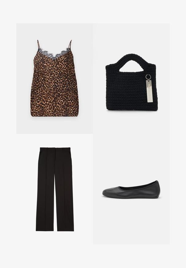 Leopardenmuster-Camisole aus weichem Stoff, mit zarter schwarzer Spitzenverzierung am Ausschnitt und verstellbaren Spaghetti-Trägern.; Schwarze, maßgeschneiderte Hosen aus einem glatten Stoff, mit geradem Bein und zwei Seitentaschen. Elegante und minimalistische Konstruktion.; Schwarze Leder-Ballettschuhe mit abgerundeter Spitze, glatter Textur, minimalen Nähdetails und einem flexiblen Sohlen-Design.; Won Hundred MARSIELLE COMPUTER BAG UNISEX - Notebooktasche - black