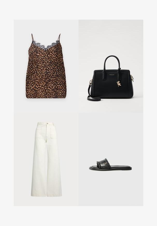 Camisole met luipaardprint, gemaakt van zachte stof, met delicate zwarte kantafwerking langs de halslijn en verstelbare spaghettibandjes.; Wijd-zit jeans van off-white denim. Hooggaande taille met een knoopsluiting, twee voorzakken en contrasterende stikdetails.; Zwarte leren sandaal met een geweven riemdetail, platte zool en een strak ontwerp. Gladde textuur en minimalistisch profiel.; Zwarte leren handtas met gestructureerd ontwerp, dubbele handvatten aan de bovenkant, afneembare schouderband, gouden hardware en een logo charm accent.
