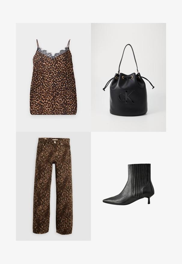 Camisola con stampa leopardata realizzata in tessuto morbido, con delicati pizzi neri lungo il scollo e spalline regolabili.; Jeans a gamba larga con stampa leopardata in marrone e beige. Realizzati in denim, presentano un classico design a cinque tasche e finiture in metallo.; Stivale alla caviglia in pelle nera con punta affusolata, design con righe sui lati e tacco quadrato basso. Texture liscia con finitura lucida.; Borsa a secchiello in pelle nera con chiusura a cordoncino, caratterizzata da un logo "CK" lucido sulla parte anteriore e dettagli in hardware dorato.