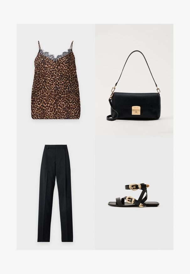 Leopard print camisole made of soft fabric, featuring delicate black lace trim along the neckline and adjustable spaghetti straps.; Black trousers made from smooth fabric featuring a high waist, wide legs, front pleats, and classic belt loops. No side pockets visible.; Black leather sandals with gold buckle accents, featuring multiple straps and a flat sole design for open-toe wear.; Black leather handbag with a flat rectangular shape, gold hardware, and a top handle. Features a clasp closure and signature logo detail.