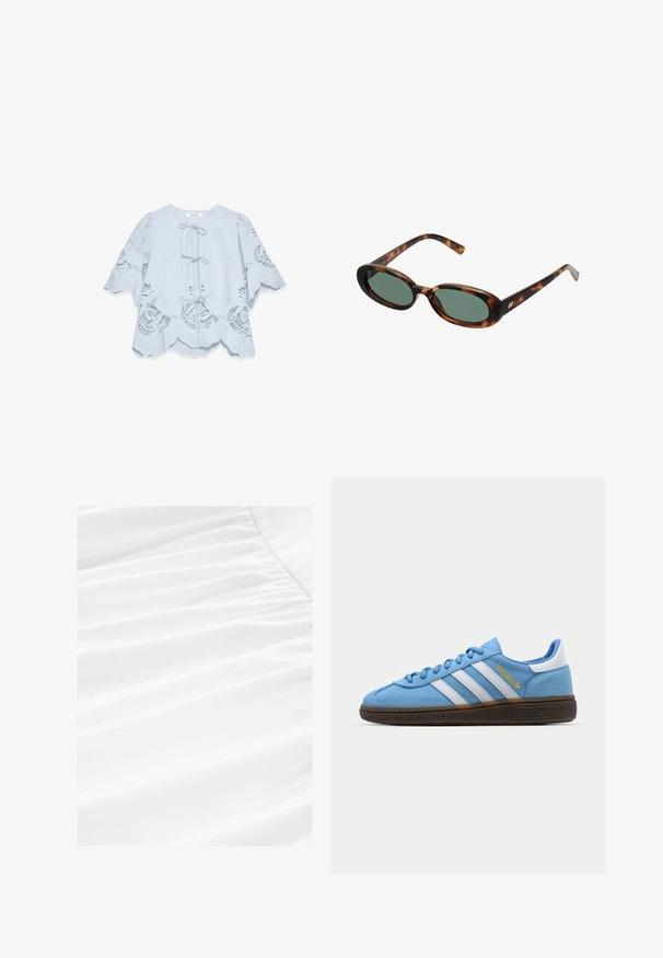 Lichtblauwe blouse met een scalloped zoom en kantdetails. Beschikt over een knoopsluiting aan de voorkant en uitlopende mouwen. Zachte stof en intricat patroon.; Witte stof met zachte draping en geplooide textuur, met een glad materiaal dat lichtgewicht is en een schone, frisse uitstraling heeft.; Lichtblauwe suède sneakers met witte leren strepen, een bruine textuurzool en gouden logo-detail. Laag ontwerp met een ronde neus.; schildpadbril met ovale monturen en groene lenzen. Heeft dunne spijlen met een metalen accent nabij de scharnieren.