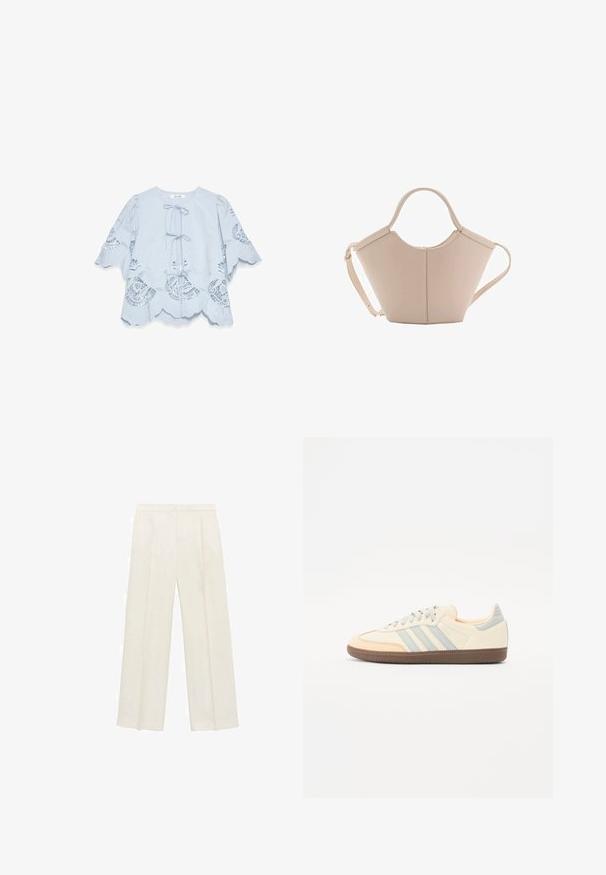 Hellbluse mit gewelltem Saum und Spitze. Besitzt eine Bindeknopfleiste vorne und ausgestellte Ärmel. Weicher Stoff und filigrane Muster.; Weit geschnittene Hosen in einem hellen cremefarbenen Farbton. Hergestellt aus einem glatten Stoff mit Falten an der Vorderseite und seitlichen Taschen.; Sneaker mit Obermaterial aus cremefarbenem Leder, hellblauen Streifen und pfirsichfarbenen Akzenten. Verfügt über eine strukturierte braune Gummisohle und ein minimalistisches Design.; Beige Lederhandtasche mit einer einzigartigen Form, die zwei kurze Henkel und einen langen verstellbaren Riemen aufweist. Glatte Textur mit minimalen Hardware-Elementen.