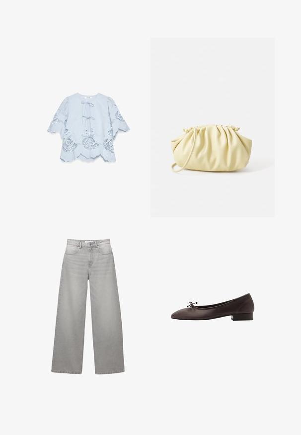 Lichtblauwe blouse met een scalloped zoom en kantdetails. Beschikt over een knoopsluiting aan de voorkant en uitlopende mouwen. Zachte stof en intricat patroon.; Grijze denim jeans met wijde pijpen en een hoge taille, voorzien van vijf zakken, een ritssluiting en zichtbare stiksels. Zachte textuur met een vervaagde afwerking.; Bruine leren balletschoen met een ronde neus en een kleine blokhak. Kenmerkt zich door een dunne strik aan de voorkant en subtiele stikdetails.; Geel geplooide handtas van soepel nepleer, met een zachte vorm, een enkele schouderriem en een verzameld ontwerp aan de bovenkant.
