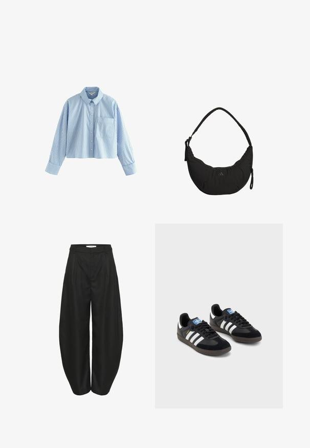 Gekürztes Hemd mit langen Ärmeln, aus blau-weiß gestreiftem Stoff. Verfügt über einen Kragen und eine Brusttasche auf der linken Seite.; Schwarze High-Waist-Hosentra mit weitem Bein, Falten, Gürtelschlaufen und verdecktem Frontverschluss, entworfen von Gestuz.; Schwarze Sneaker mit einem Obermaterial aus Wildleder und Synthetik, ausgestattet mit drei weißen Streifen, einer strukturierten Gummi-Sohle und einem blauen Logo-Tag auf der Zunge.; Schwarze Schultertasche mit kurvigem Design, gepolstertem Stoff, verstellbarem Schultergurt und dezentem Logo. Verfügt über ein Reißverschlussfach und strukturierte Akzente.
