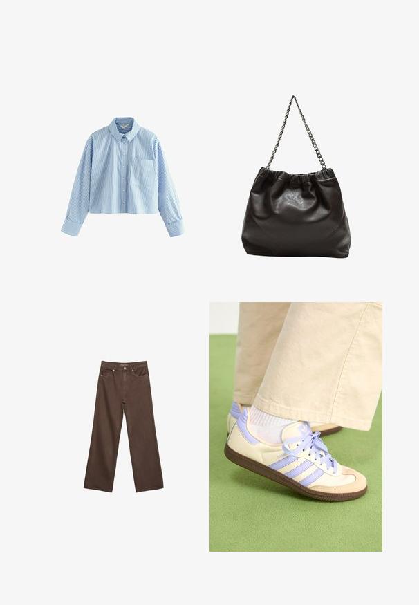 Skraćena košulja s dugim rukavima, izrađena od plave i bijele prugaste tkanine. Ima ovratnik i džep na lijevoj strani prsnog dijela.; Proširene smeđe traperice od denima, s visokim strukom, prednjim džepovima i klasičnom kopčom na dugme. Glatka tekstura s suptilnim šavovima.; Kremasto-ljubičaste tenisice s tri pruge i strukturiranim smeškim potplatom, s vezicama i podstavljenim petom. Mekana gornja tkanina.; Smeđa kožna torba s naboranim vrhom i lančićem za nošenje. Glatka tekstura s sjajnim završetkom i suptilnim šavnim detaljima sa strane.
