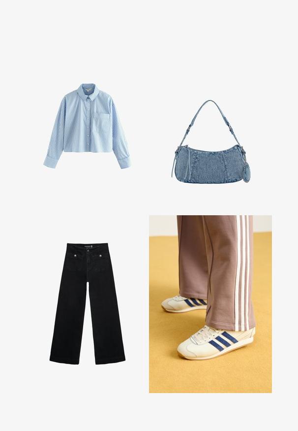 Krátká košile na knoflíky s dlouhými rukávy, vyrobená z modro-bílé pruhované látky. Obsahuje límec a náprsní kapsu na levé straně.; Černé široké džíny s vysokým pasem, obsahující dvě přední kapsy a kovové knoflíkové detaily. Látka má hladkou texturu.; Krémové tenisky s modrými semišovými pruhy, bílými tkaničkami a gumovou podrážkou. Spárovány se šedými tepláky s bílými bočními pruhy.; Džínová kabelka s zakřiveným tvarem, světle modré barvy, nastavitelným ramenním popruhem a malou odnímatelnou kapsičkou s metalickými akcenty.