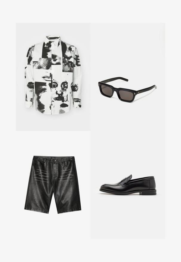 Kidsuper COLLAGE FACES BUTTON UP - Košile - white; Černé šortky z umělé kůže s hladkým povrchem, pěti kapsami a decentním pruhovaným detailem na přední straně. Klasický rovný střih.; Černé kožené polobotky s hladkou texturou, zaoblenou špičkou a zdobným páskem přes nárt. Nízký stohovaný podpatek, minimalistický design.; Černé obdélníkové sluneční brýle s tmavými skly, silným plastovým rámem, zlatými akcenty na spáncích a vyrytým logem značky na nožičce.; Černá běžecká vesta s bočními síťovanými kapsami, reflexními doplňky a přední kapsou na zip. Lehká tkanina navržená pro pohodlí a prodyšnost.