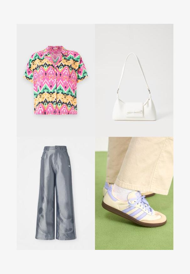 Kortærmet skjorte med et livligt multicolor zigzag-mønster i pink, grøn, gul og sort. Fremstillet af letvægtsstof med krave.; Bredde benbukser i skinnende grå materiale med hvide sidelookstriber og et flammemønster på underbenene. Knap- og lynlåslukning i taljen.; Creme og lavendel sneakers med tre striber og en tekstureret brun sål, der har snørebånd og en polstret hæl. Blødt stof øvre.; Hvid syntetisk håndtaske med en trekantet form, flad forsideklap og sløjfedetalje, justerbar strop, glat tekstur og minimalistisk design.