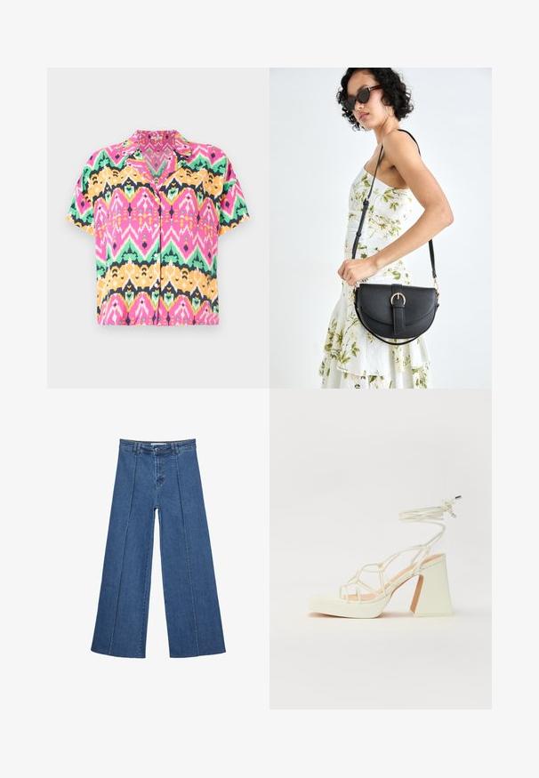 Camicetta a maniche corte con un vivace motivo zigzag multicolore nei toni di rosa, verde, giallo e nero. Realizzata in tessuto leggero con colletto.; Jeans in denim a gamba larga di blu medio, con vita alta, chiusura con bottone e dettagli delle cuciture verticali a contrasto lungo la parte anteriore.; Sandalo bianco con tacco alto, caratterizzato da un design a cinturini e un legaccio alla caviglia. Texture liscia con una piattaforma frontale per un'altezza aggiuntiva.; Borsa a tracolla nera in pelle con una forma curva, manico rimovibile e accessori dorati. La borsa presenta una patta con un dettaglio a fibbia.