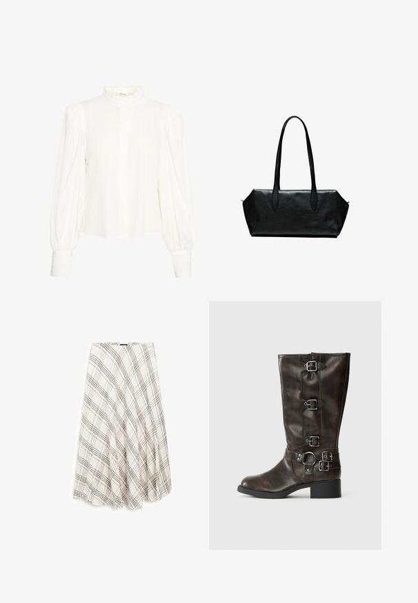 Weiße Bluse mit langen Ärmeln aus strukturiertem, plissiertem Stoff. Mit hohem, gerafftem Kragen und Knopfleiste. Breite, puffartige Ärmel und geknöpfte Handgelenke.; Karierten Rock in hellbeige und braun, mit einem ausgestellten Design und Textur. Das Material ist leicht und gewebt, mit einem elastischen Bund.; Braune Leder-Stiefel bis zum Knie mit mehreren Schnallen, einer runden Zehenpartie und einem niedrigen, robusten Absatz. Die Stiefel haben eine strukturierte Oberfläche und verstellbare Riemen.; Schwarze Ledertasche mit langen Griffen, rechteckiger Form, glatter Oberfläche und schrägen Seiten, mit minimalistischer Gestaltung und ohne sichtbare Beschläge.