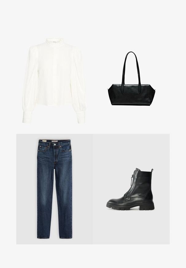 Witte blouse met lange mouwen van een textuurrijke, gekreukte stof. Beschikt over een hoge, gerimpelde kraag en een knoopsluiting. Brede, opgeblazen mouwen en manchetten.; Diepblauwe rechte jeans met vijf zakken, knoop- en ritssluiting, en contrasterende stiksels.; Zwarte leren enkellaars met een stevige rubberen zool, een zijrits, een gladde textuur en een licht afgeronde neus. Minimalistisch ontwerp zonder patronen.; Zwarte leren handtas met lange handgrepen, rechthoekige vorm, gladde textuur en schuine zijkanten, met een minimalistisch ontwerp en geen zichtbare hardware.