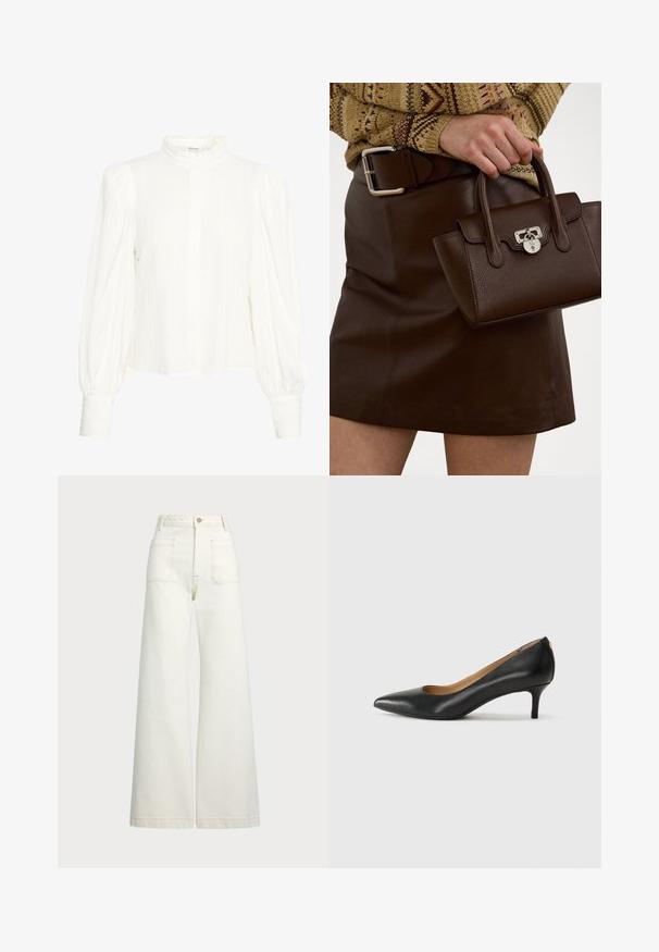 Blusa bianca a maniche lunghe con un tessuto testurizzato e stropicciato. Presenta un collo alto con volants e chiusura a bottoni. Maniche ampie e gonfie con polsini.; Jeans a gamba larga in denim bianco sporco. Design a vita alta con chiusura a bottone, due tasche frontali e dettagli di cucitura a contrasto.; Décolleté in pelle nera con punta affilata, tacco basso e texture liscia. Presenta un leggero apertura sulla parte anteriore e hardware minimale sul retro.; Borsa a mano in pelle marrone con finitura testurizzata e accessori in argento, tenuta con una mano accanto a una gonna in pelle marrone e un maglione a fantasia.