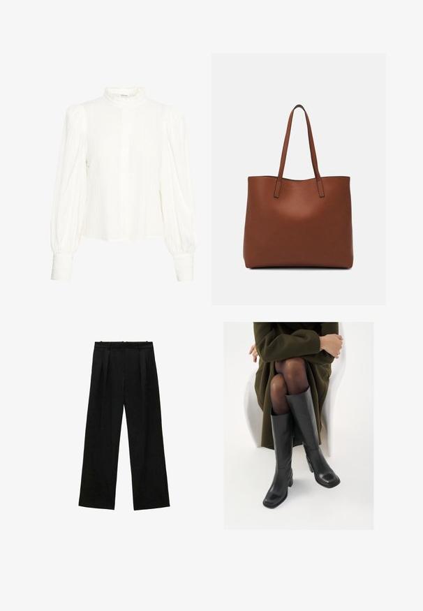 White long-sleeve blouse with a textured, crinkled fabric. Features a high, ruffled collar and button closure. Wide puffed sleeves and cuffed wrists.; Black wide-leg trousers with pleats, featuring a smooth texture and a high waist design. Minimalist style, no visible hardware or embellishments.; Knee-high black leather boots with a squared toe and block heel, shown with a model seated in an olive green coat. Smooth texture, minimal detailing.; Brown leather tote bag with a smooth texture, open top design, and two shoulder straps. Features minimal stitching and no visible hardware.