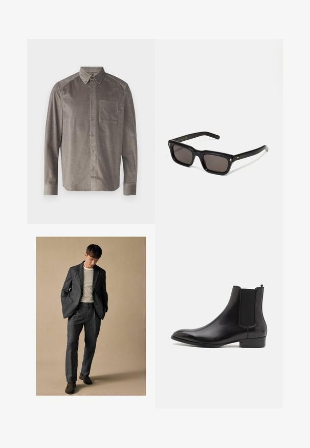 DRYKORN LIET - Skjorta - grey; Grå skräddarsydd kostym med spetsiga slag och framfickor, i kombination med en randig skjorta. Byxorna har en avslappnad passform och pressveck. Bruna skor.; ALDO BERT - Stövletter - black; Svarta rektangulära solglasögon med mörka linser, tjock plastbåge, guldfinish på skalmarna och varumärkeslogotyp graverad på armen.