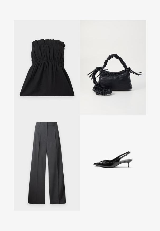 Svart stroppeløs kjole med elastisk bodice og samlet tekstur, flytende inn i en løs passform. Laget av lett, mykt stoff.; Vide bukser i mørkegrått stoff med høy livlinje, enkel press, og en glatt tekstur med en ren finish på ermekantene.; Sorte skinnert remsandaler med spiss tå, liten kittenhæl og en dekorativ knute detalj foran. Glatt tekstur gjennom hele.; Svart faux skinn-håndveske med krokodilletekstur, strammet topp og en rynket stropp. Ser myk og kompakt ut i designen.