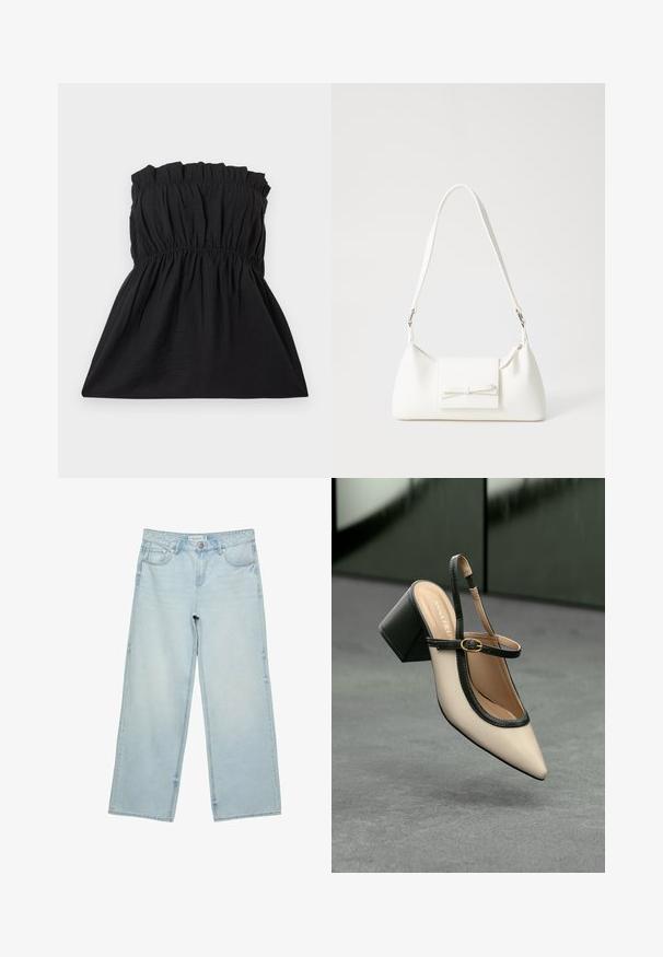 Črna brezramna obleka z elastificiranim korpusom in nagubanimi teksturami, ki se razširi v ohlapen kroj. Narejena iz lahkotnega, mehkega materiala.; Svetlo modri široki jeans iz denima, z visokim pasom, petimi žepi in rahlim bledenjem. Ravno krojen s obdelanimi robovi.; Bežna slingback čevlja z uskim sprednjim delom, črnimi detajli, zlatim zaponko in debelim blokovskim peto na sivi tleh s temno zeleno ozadje.; Bela sintetična torbica v obliki trikotnika, z ravnim sprednjim poklopcem in detajlom mašne, nastavljivim trakom, gladko teksturo in minimalističnim dizajnom.
