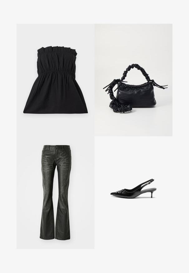 Čierne bezramienkové šaty s elastickým korzetom a nabrúsenou textúrou, prechádzajúce do voľného strihu. Vyrobené z ľahkej, mäkkej látky.; Čierne faux kožené zvonové džínsy s prednými vreckami, kovovým zapínaním a mierne textúrovaným povrchom. Priamy strih s dlhým strihom.; Čierne kožené slingback podpätky s ostrou špičkou, malým podpatkom a dekoratívnym uzlom vpredu. Hladký povrch po celom obvode.; Čierna umelá kožená kabelka s kroko vzorom, sťahovaným vrchom a zhnutým popruhom. Vyzerá mäkko a kompaktné v dizajne.