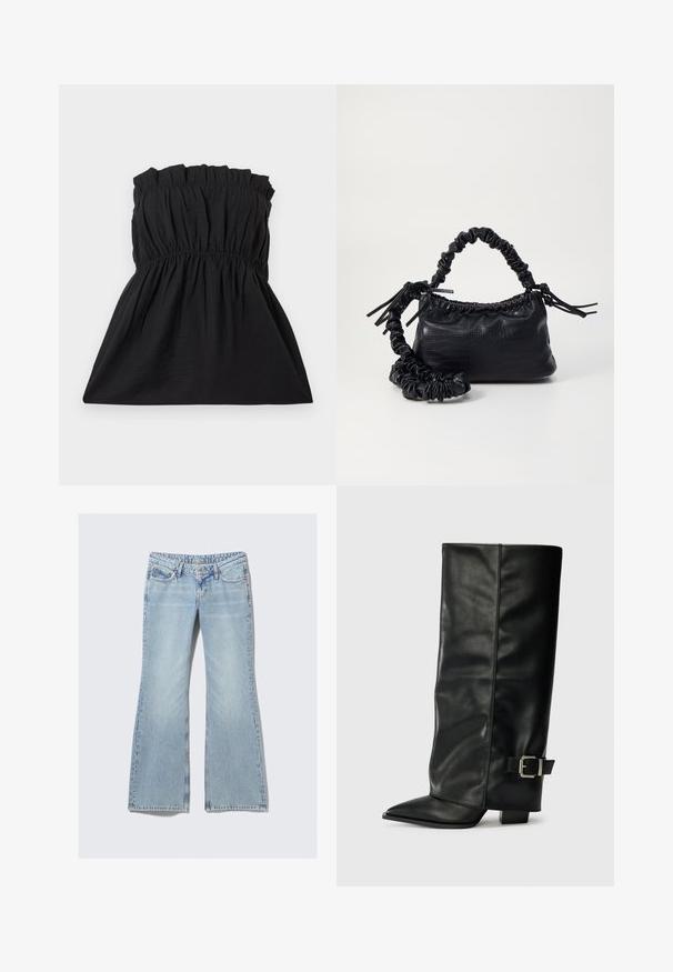 Juoda sijoninė suknelė be petnešų, su elastinga liemenėle ir suraityta tekstūra, pereinanti į laisvą siluetą. Pagaminta iš lengvos, minkštos medžiagos.; Weekday NOVA - Prigludę džinsai - lip blue; Juodų odinių kulkšninių batų su smailiu pirštu, lygia tekstūra ir sidabriniu sagties akcentu šone. Masyvūs kvadratiniai kulniukai.; Juodas dirbtinės odos rankinė su krokodilo tekstūra, sušnibždinta viršuje ir susikraipytu dirželiu. Atrodo minkšta ir kompaktiška.