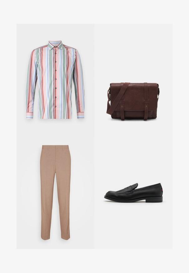 Πουκάμισο με κουμπιά που διαθέτει κάθετες ρίγες σε πολλούς χρωματισμούς: κόκκινο, πράσινο, μπλε και λευκό. Μακριά μανίκια και κανονικός σχεδιασμός από collar.; Μπεζ παντελόνι ραμμένο σε απαλό, υφασμένο ύφασμα με υφή. Ευθεία εφαρμογή με ζώνη μέσης και χωρίς ορατές διακοσμήσεις ή τσέπες.; Μαύρα δερμάτινα λοφράκια με απαλή επιφάνεια, στρογγυλή μύτη και μικρό διακοσμητικό καπάκι. Διαθέτουν χαμηλό ψηλό τακούνι και διακριτική λεπτομέρεια σήμανσης.; Καφέ δερμάτινη τσάντα messenger με επίπεδη μπροστινή καπάκι, δύο λουριά, χρυσές μεταλλικές λεπτομέρειες και ρυθμιζόμενο ιμάντα ώμου.