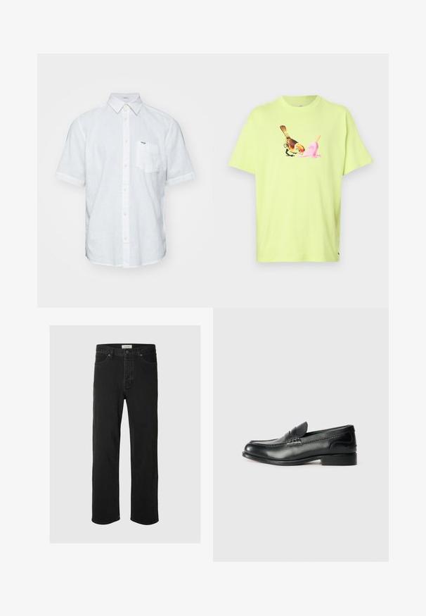 Weißes Kurzarmhemd aus Leinen mit Button-Down-Kragen, Brusttasche und dezenten Stichakzenten.; Limegrünes Baumwoll-T-Shirt mit einem grafischen Druck eines Vogels und einer pinken Eistüte, mit einem einfachen Rundhalsausschnitt und kurzen Ärmeln.; Schwarze Denim-Jeans im Straight-Leg-Schnitt verfügen über ein klassisches Fünf-Taschen-Design mit Knopfverschluss, minimaler Naht und einer weichen Textur.; Schwarze Lederloafers mit glatter Oberfläche, gesteppten Details über dem Vorderblatt und einem leicht erhöhten Absatz.