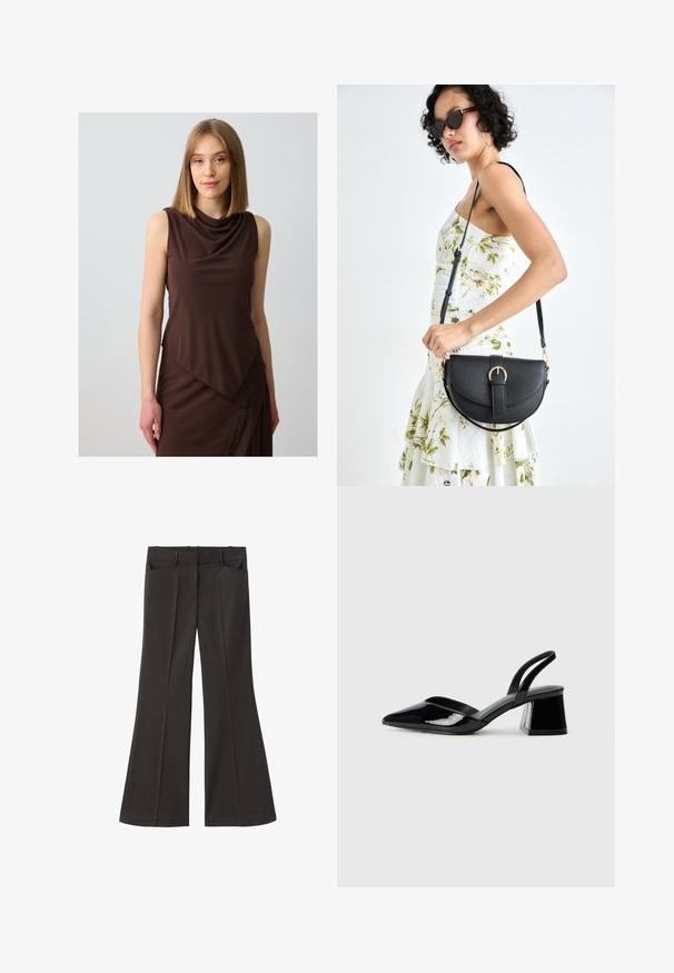 Bruine mouwloze jurk met een gedrapeerde halslijn en asymmetrisch ontwerp, met kantaccenten langs de onderrand. Glad stoffen textuur.; Zwarte flared broek met een hoge taille; beschikt over twee voorkeurszakken en een gladde stoftextuur. Geschikt voor verschillende gelegenheden.; Zwarte gepatineerde leren slingback hakken met een spitse neus en een geometrische blokhak. Kenmerkt zich door een slank, minimalistisch ontwerp en een gladde textuur.; Zwarte leren handtas met een gebogen vorm, afneembare schouderband en gouden hardware. De tas heeft een klep met een gespsluiting.