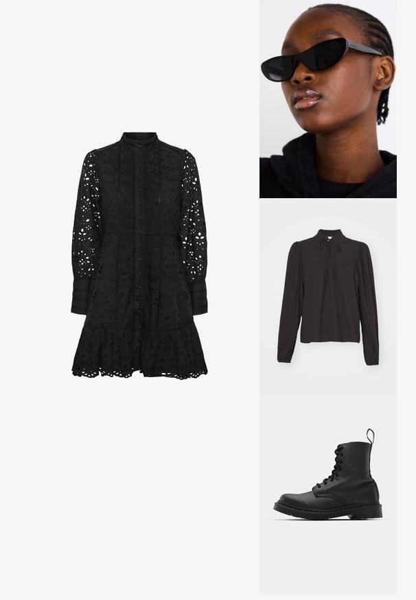 Black long-sleeve blouse with a high collar, front keyhole detail, and ties. Made of textured fabric with slightly gathered sleeves.; Black embroidered dress with a high collar, button front, long sleeves, and a ruffled hem. Features cut-out floral and geometric patterns.; Black leather combat boot with a round toe, lace-up front, and a pull tab at the ankle. Features a thick rubber sole for durability.; Black cat-eye sunglasses with a matte finish, featuring a sleek design and gently curved edges, set against a model's dark clothing.; Silver hoop earrings with a smooth, polished finish. Round shape and secure click-top closure. Lightweight design suitable for everyday wear.